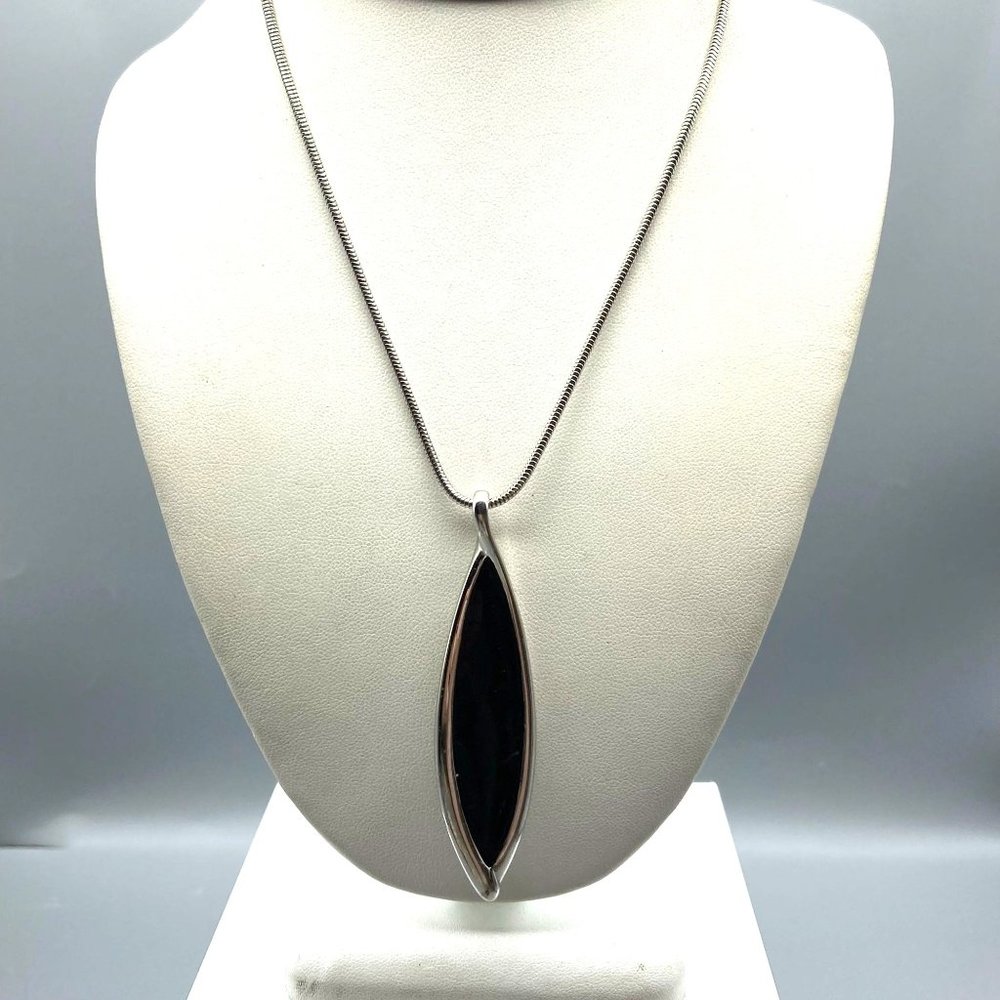 Vintage Monet Long Pendant in Silver Tone and Black Enamel on Snake Chain